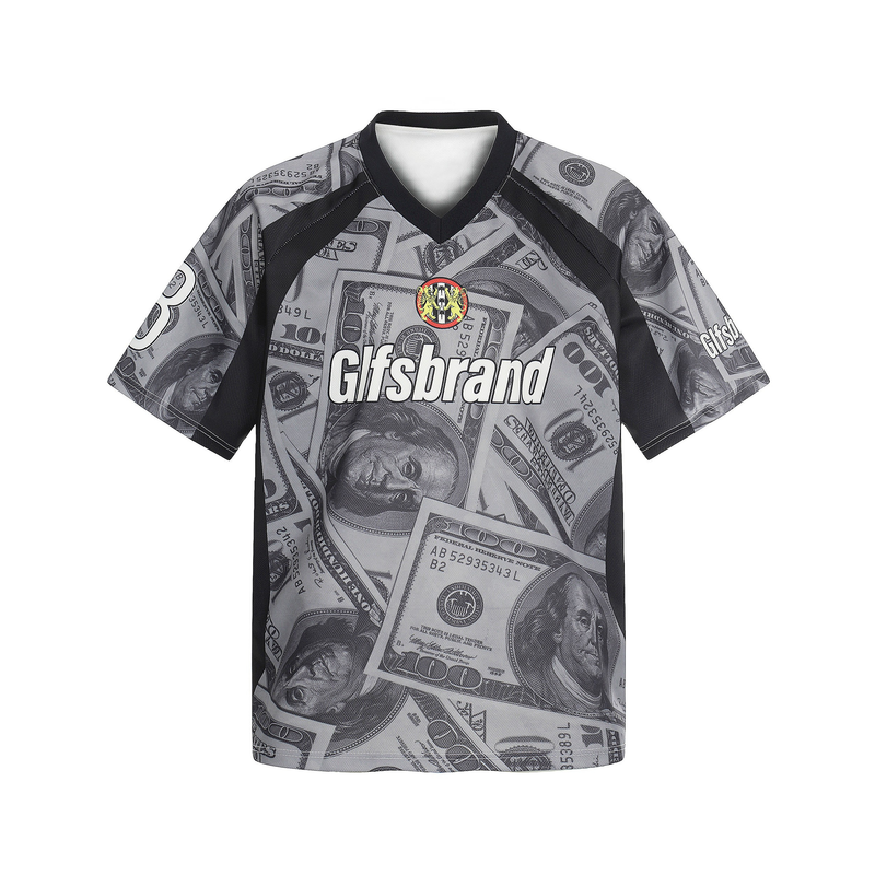 Black mesh football jersey with allover dollar bill print and large Gisbrand logo on the chest