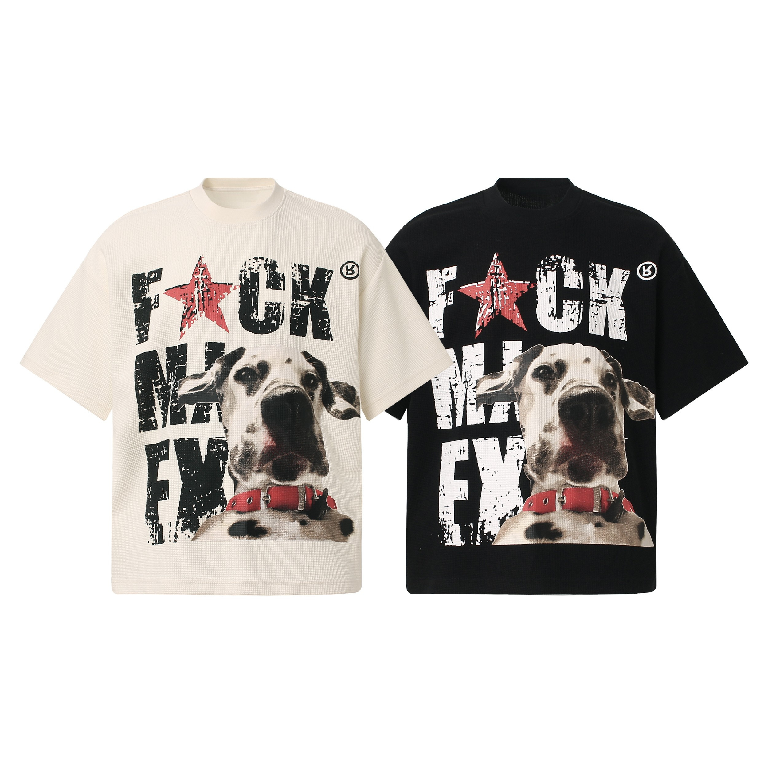 Cream and black oversized streetwear t-shirts with Dalmatian dog graphic and distressed typography print on the front