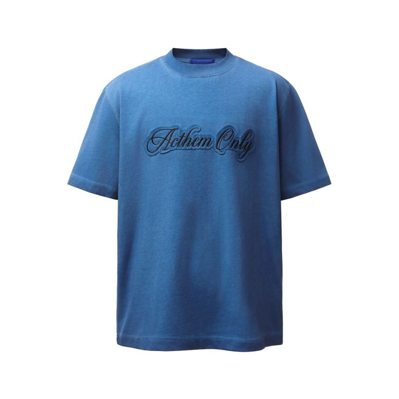 Blue short sleeve streetwear tee with embossed Anthem Only script across the chest on a clean white background