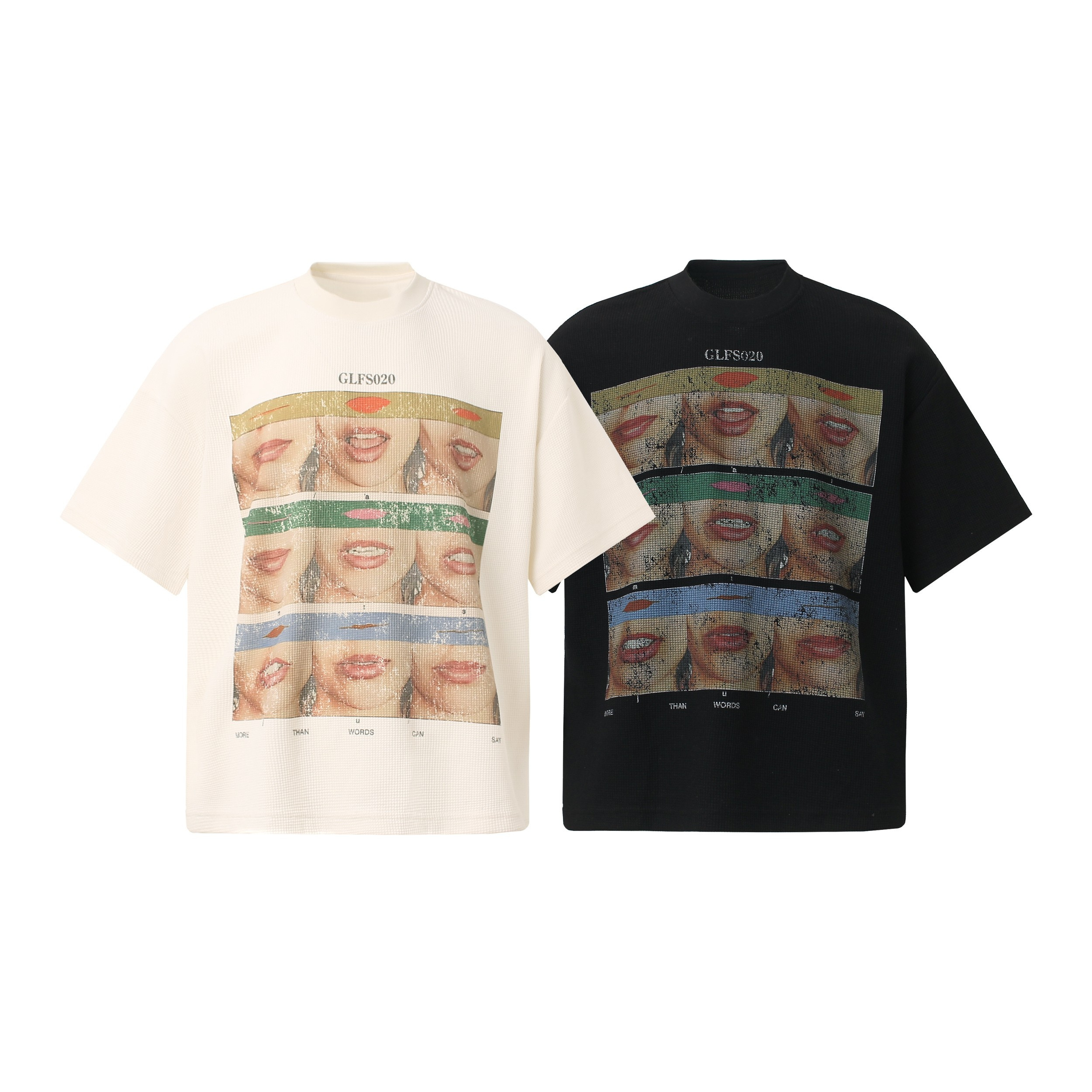 Off-white and black oversized graphic tees with distressed collage lip print and GLFS020 label on white background