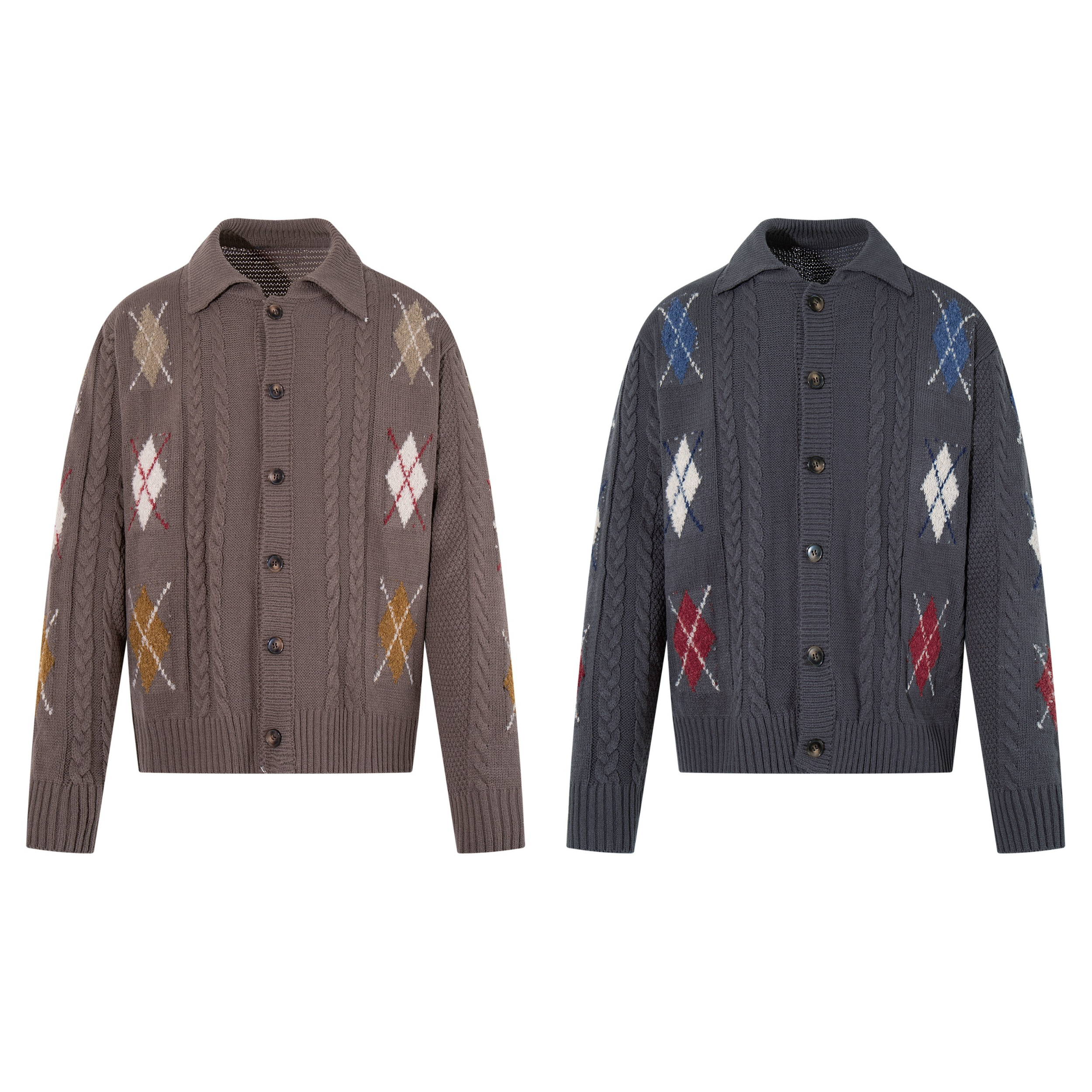 Taupe argyle cable knit button-up cardigan with contrast diamond panels and ribbed cuffs, front view