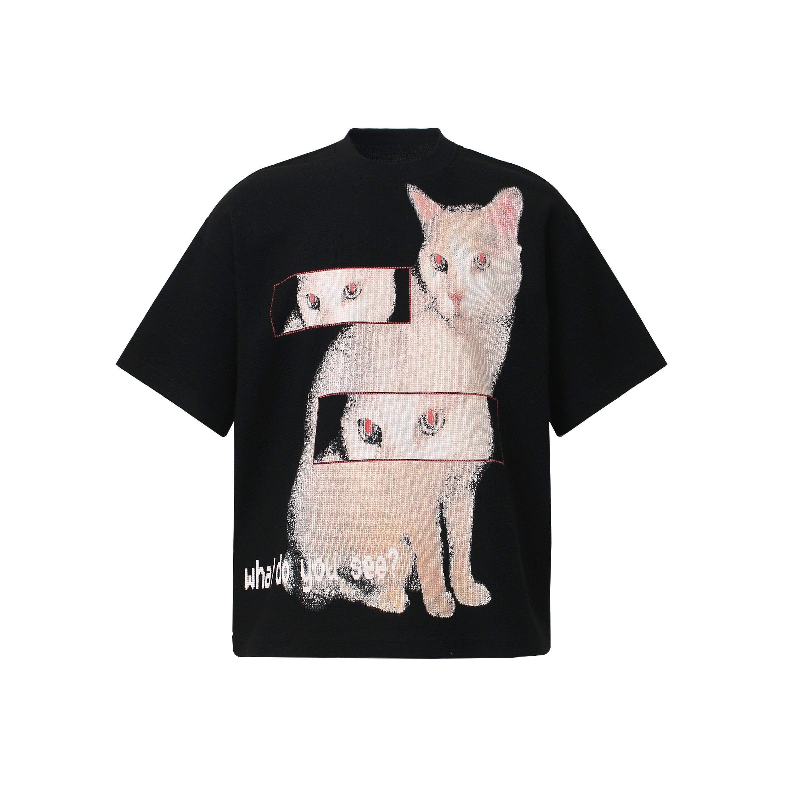 Black oversized streetwear t-shirt with glitch-style pixelated cat graphic and layered panel design on the front