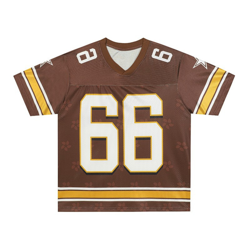 Brown varsity football jersey with number 66, yellow sleeve stripes, and star accents on a white background