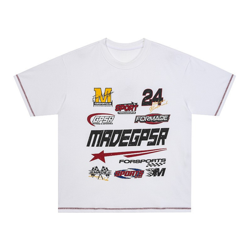 White oversized cotton T-shirt with bold motorsport racing graphics and logo prints on the front, short sleeves and crew neck