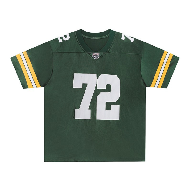 Green varsity football jersey with white number 72 and yellow striped sleeves on a clean white background