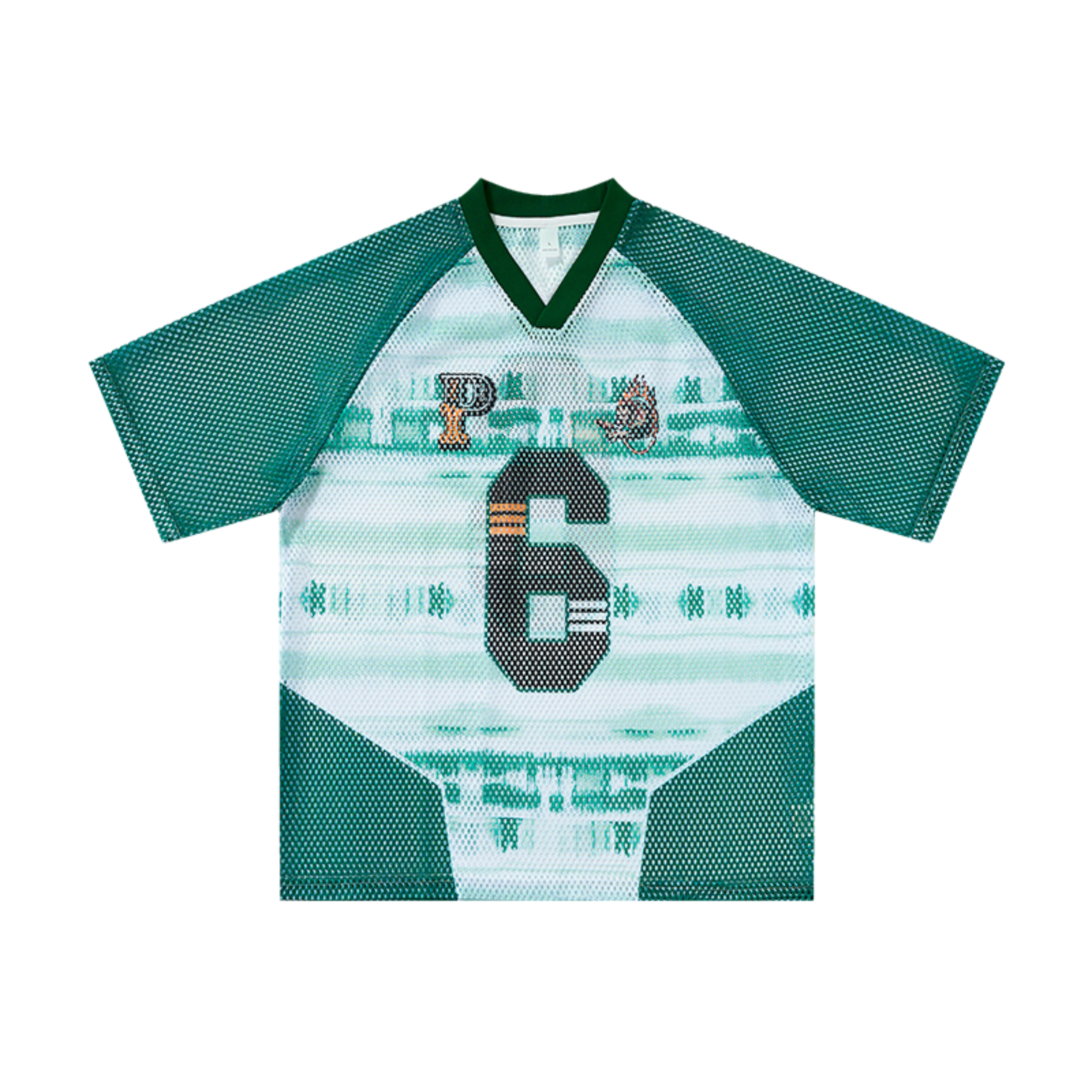 Omirad Varsity 6 green and white mesh jersey t-shirt with number 6 graphic and contrast raglan sleeves, flat lay front view