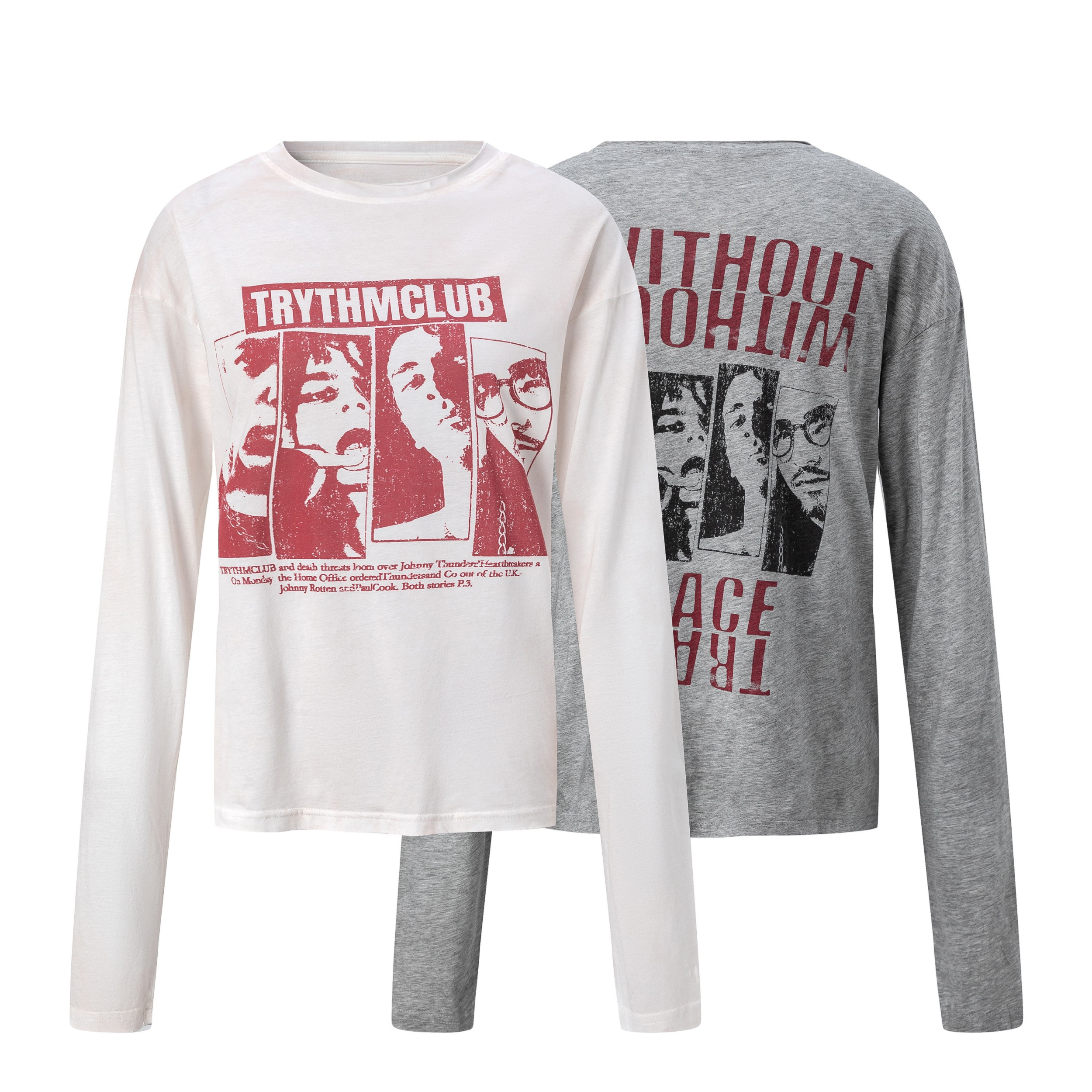 White long sleeve tee with red distressed TRYTHMCLUB portrait graphic print on the front, shown alongside grey back-print ver