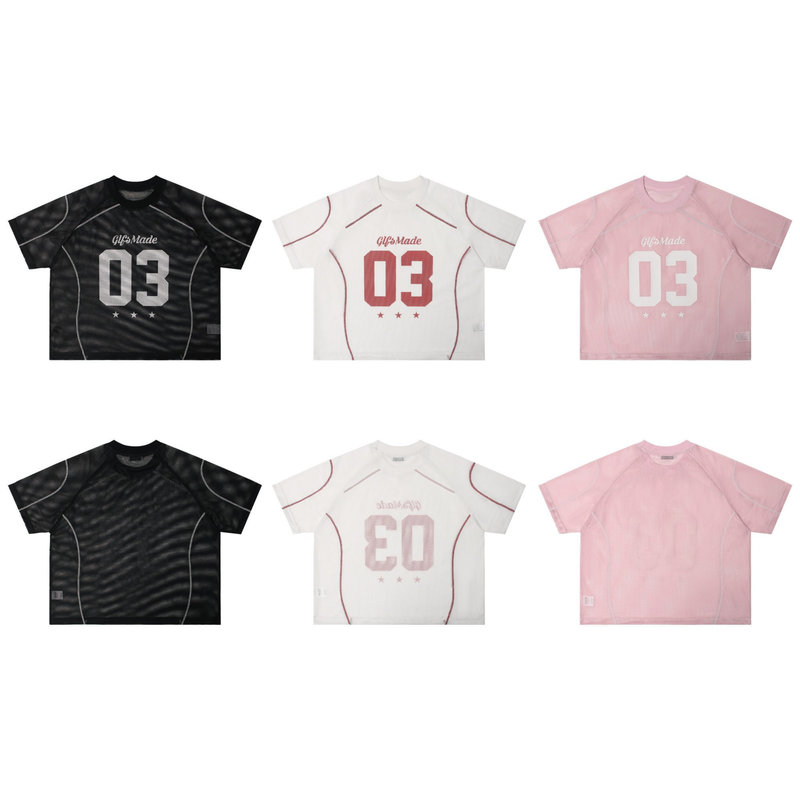 GlfsMade 03 mesh jersey tee shown in black, white, and pink with sporty number graphic and athletic seam detailing