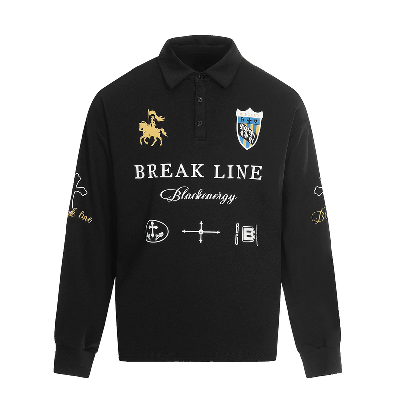 Black long-sleeve polo shirt with graphic prints and button placket, front view
