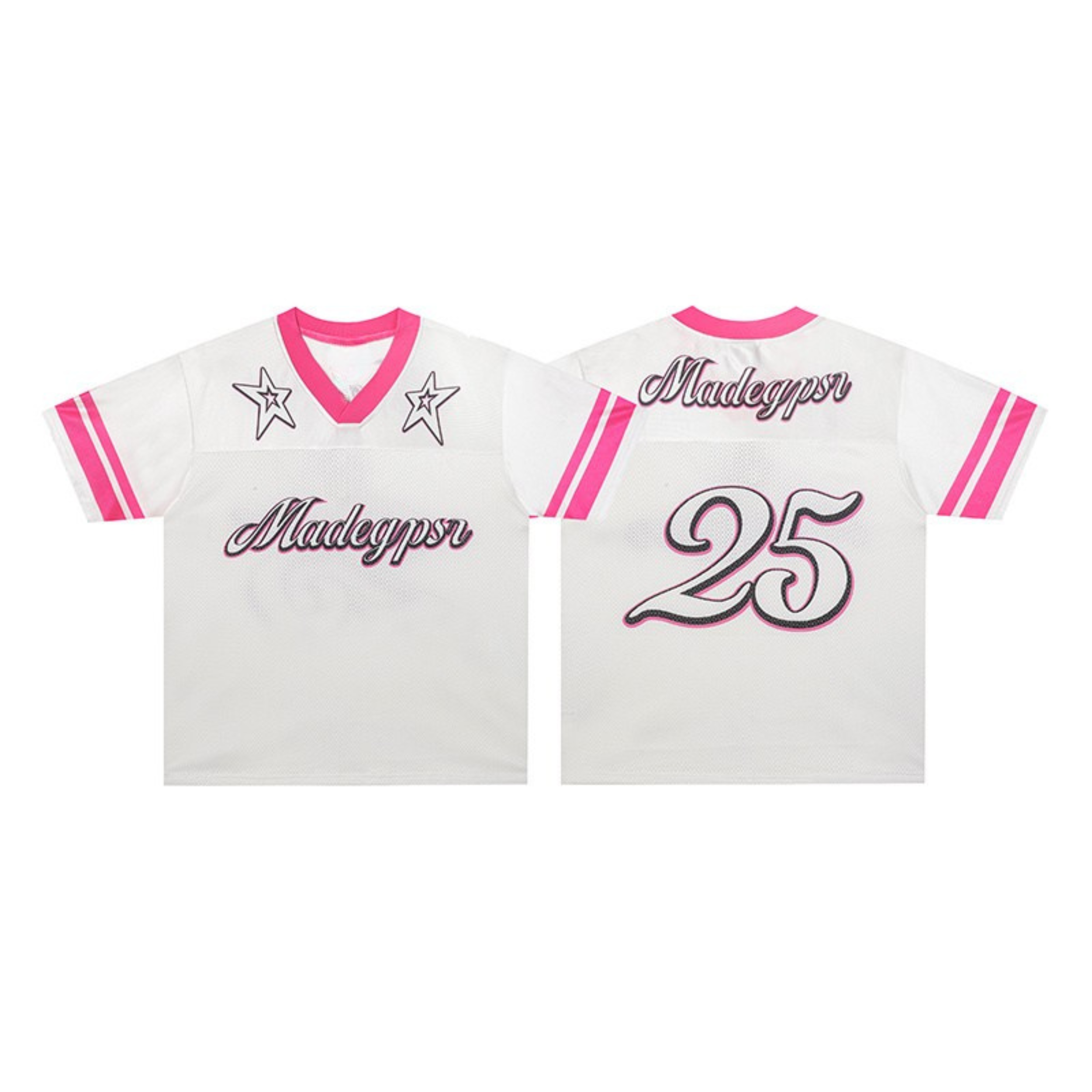 White and pink mesh football jersey with Madegypsr script, star shoulder graphics, and contrast pink V-neck and sleeve stripe