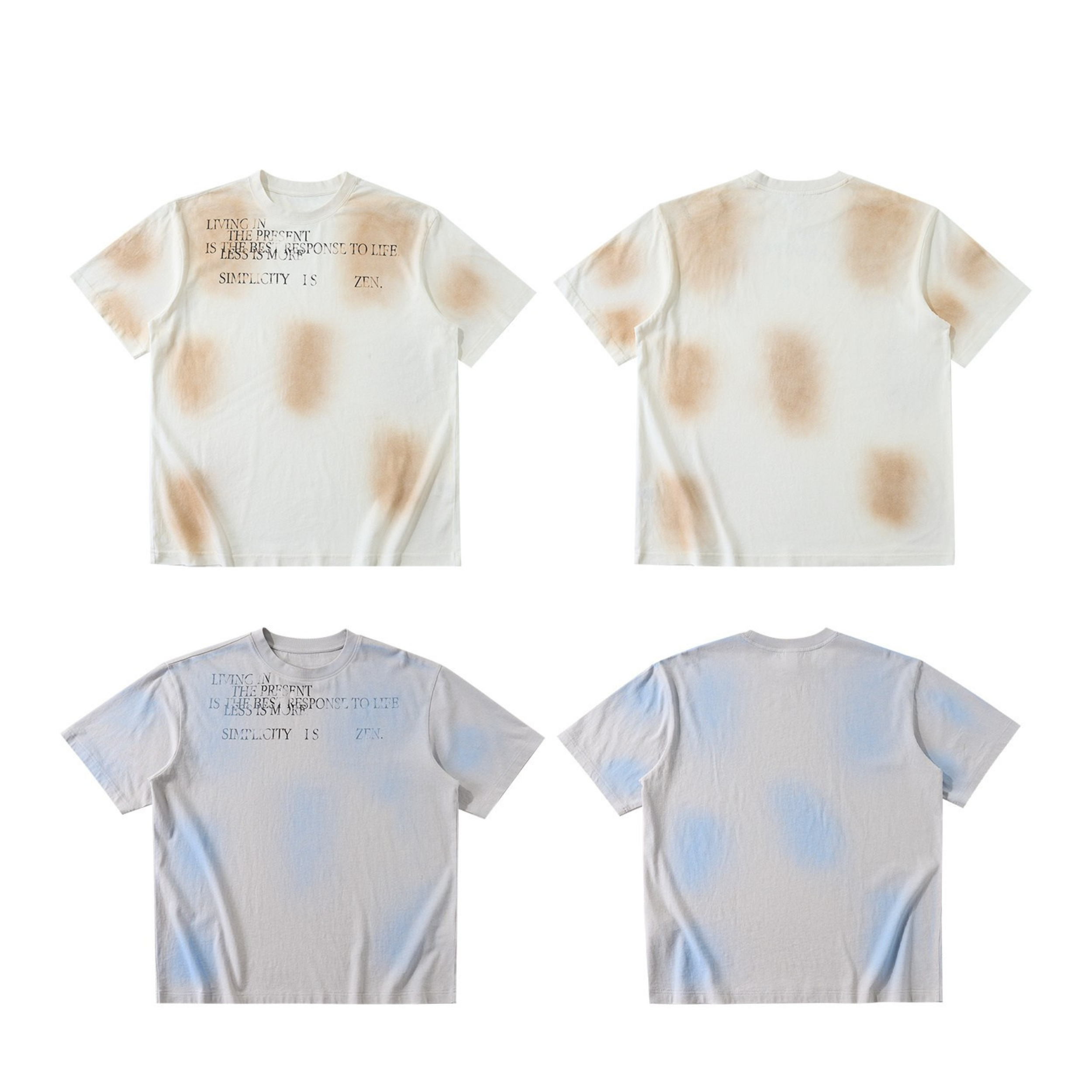 Cream white oversized t-shirt with tan spray-dyed patches and layered minimalist typography print on the chest, front and bac