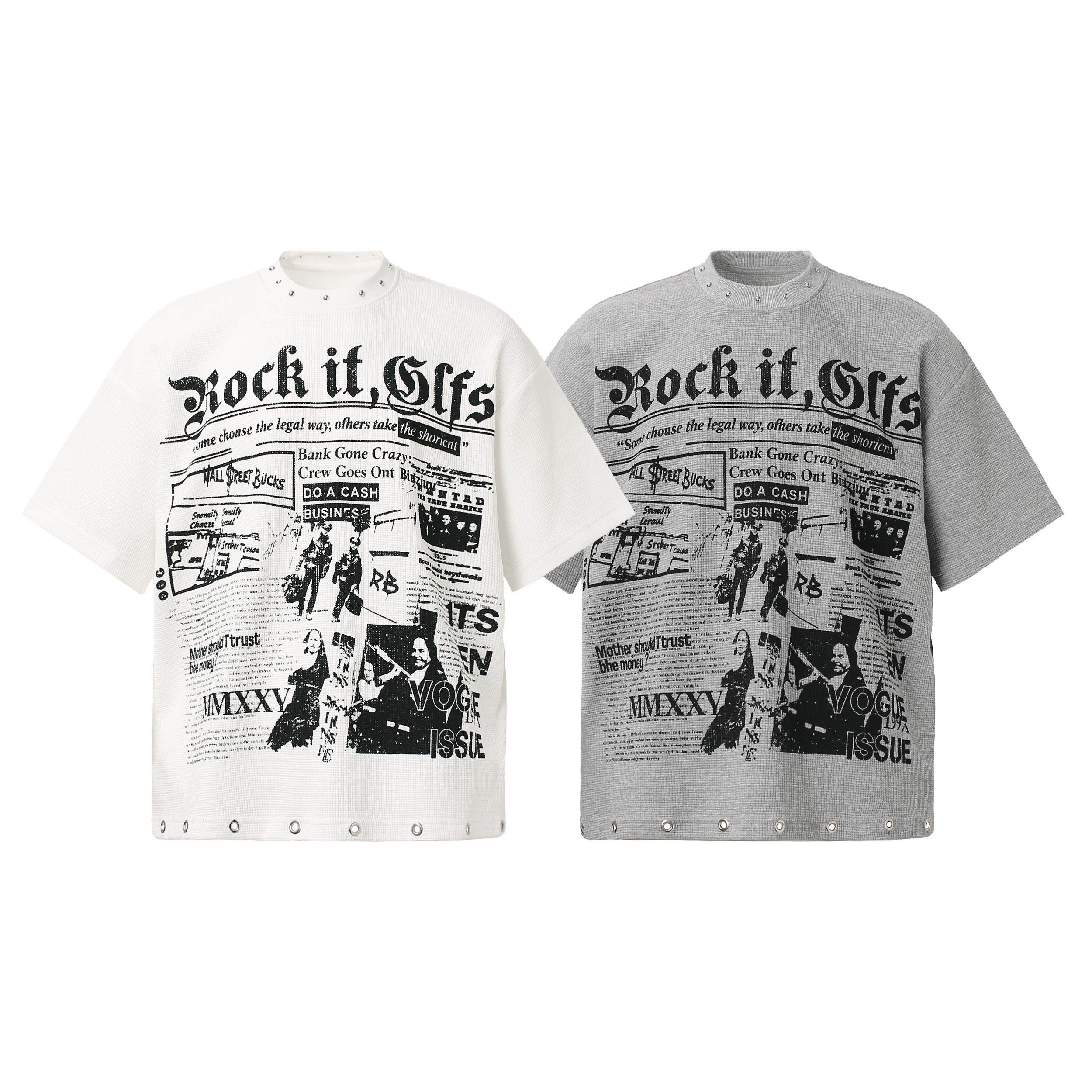 Omirad Rock It Graphic Tee in off-white and grey with gothic collage print and metal eyelet hem detail
