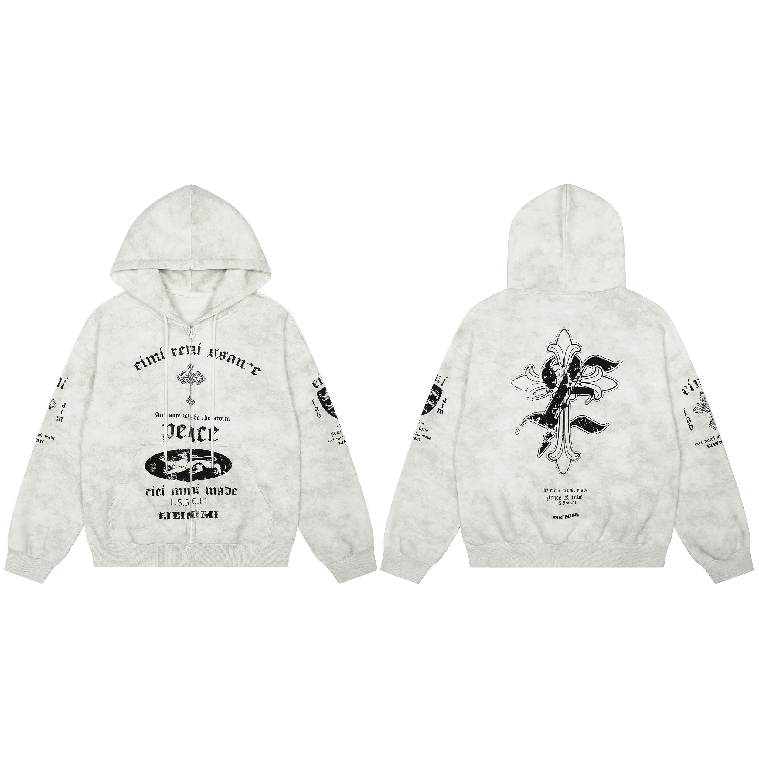 Front and back view of a washed grey zip-up hoodie with black gothic graphic prints and cross motifs