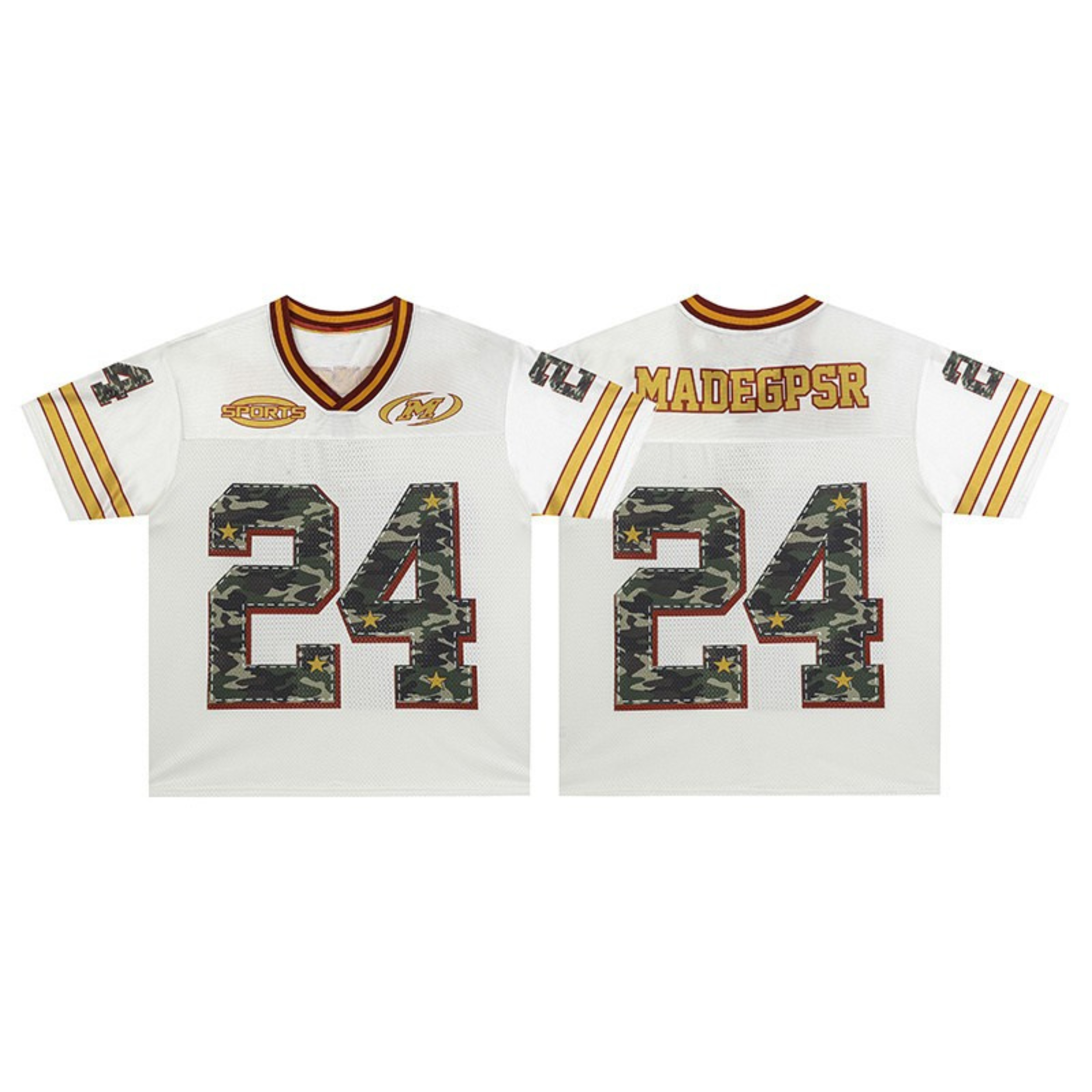 White varsity football jersey number 24 with camouflage print numbers, gold star accents, and contrast maroon and gold sleeve