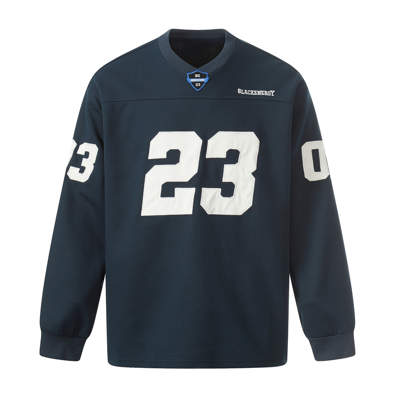 Navy long sleeve tee with white varsity number 23 and small chest patch, front view