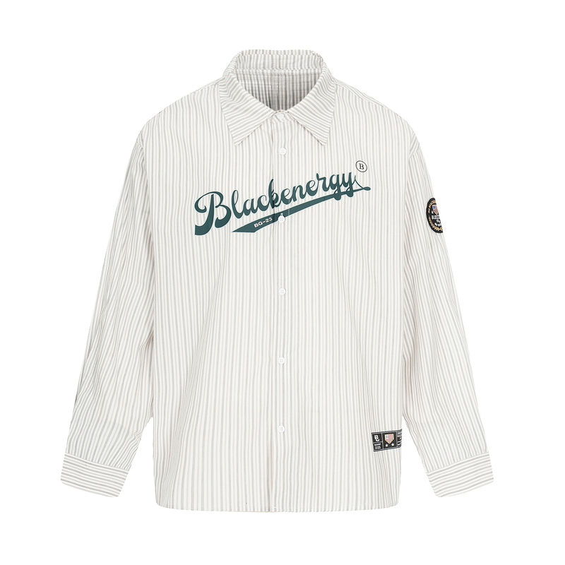 Front view of cream striped button-up shirt with green Blackenergy graphic and sleeve patch