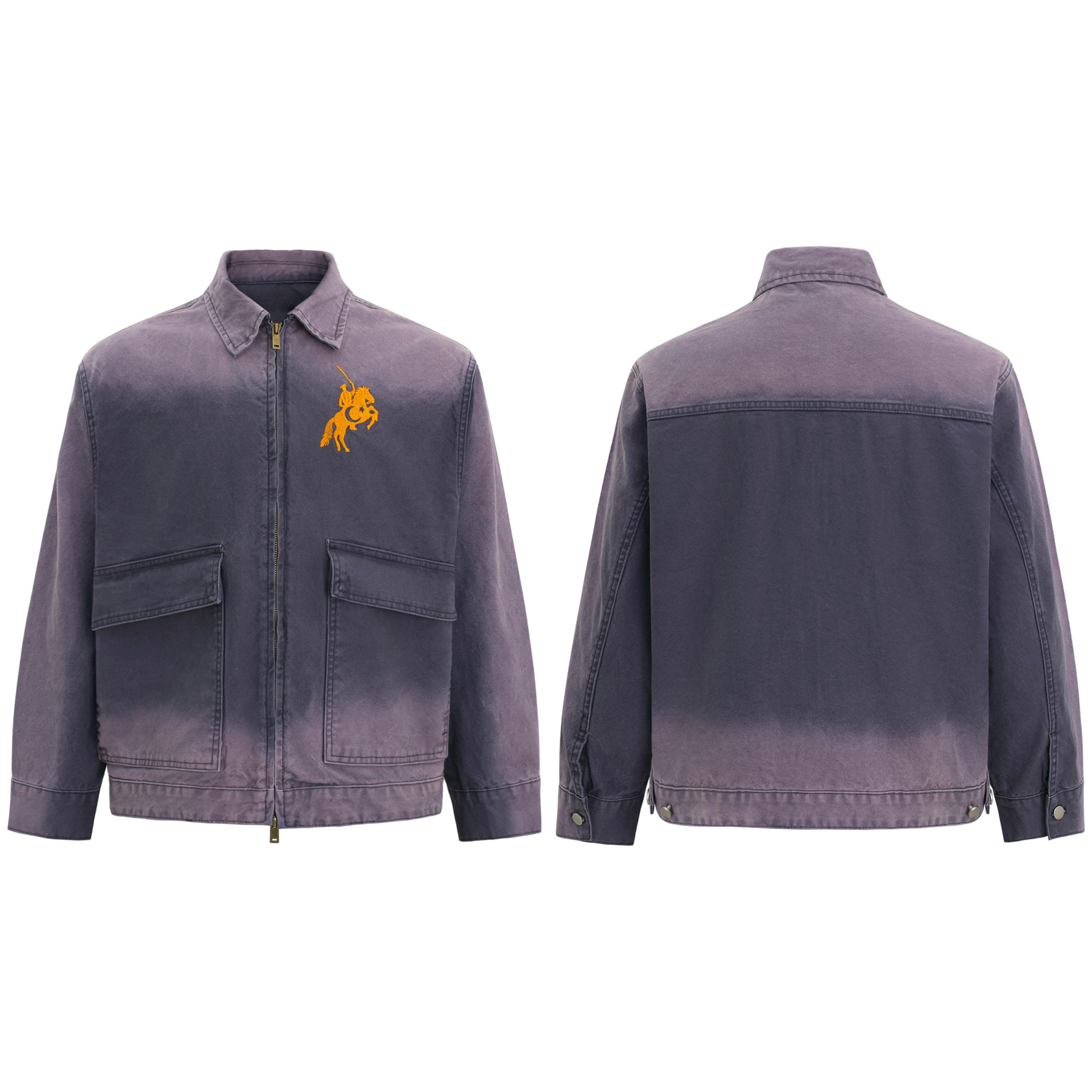 Front and back view of a purple vintage washed zip jacket with gold embroidered horse-and-rider graphic on the left chest