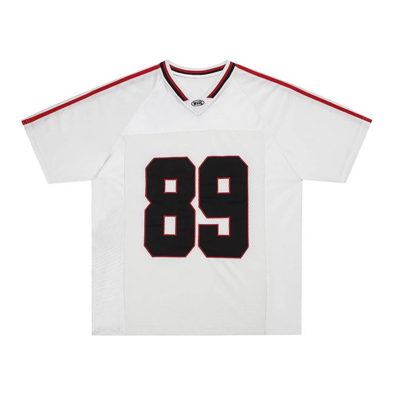 Oversized white football jersey with black and red trim, featuring a large 89 graphic on the front