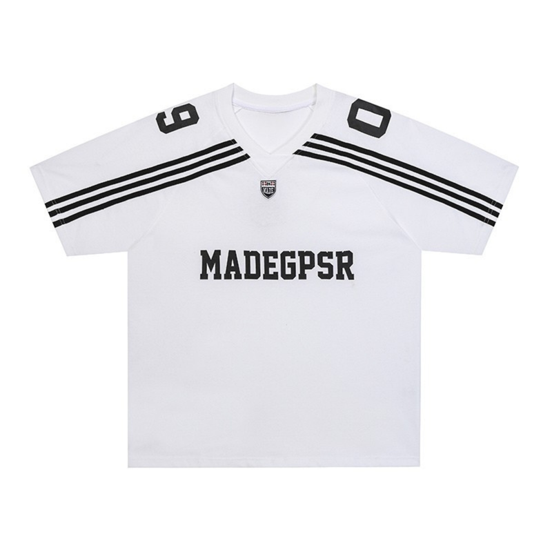 White men's football-inspired jersey with black shoulder stripes and MADEGPSR logo on the chest
