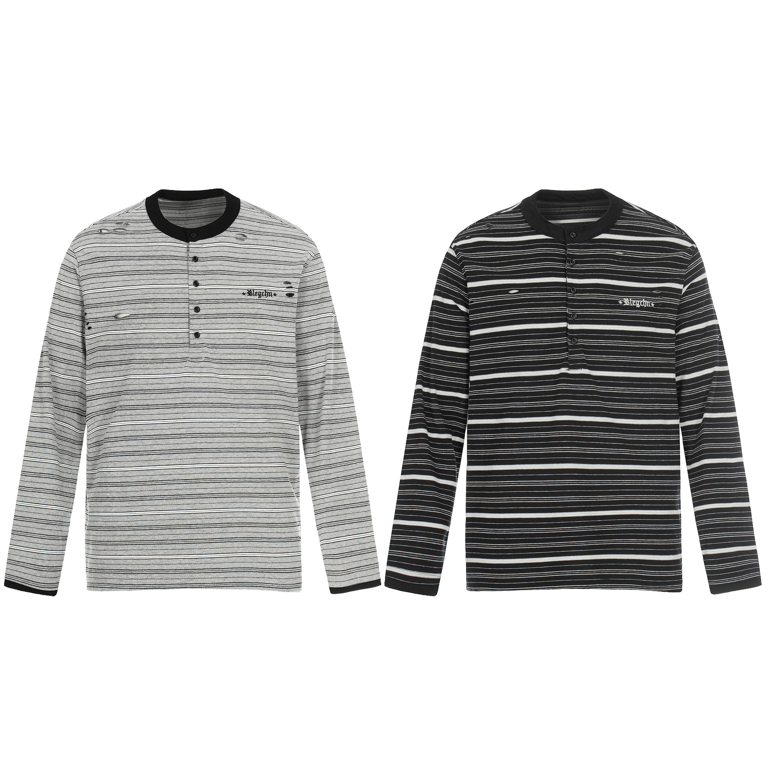 Men's grey striped Henley long sleeve tee with black ribbed collar, button placket, and subtle distressed detailing