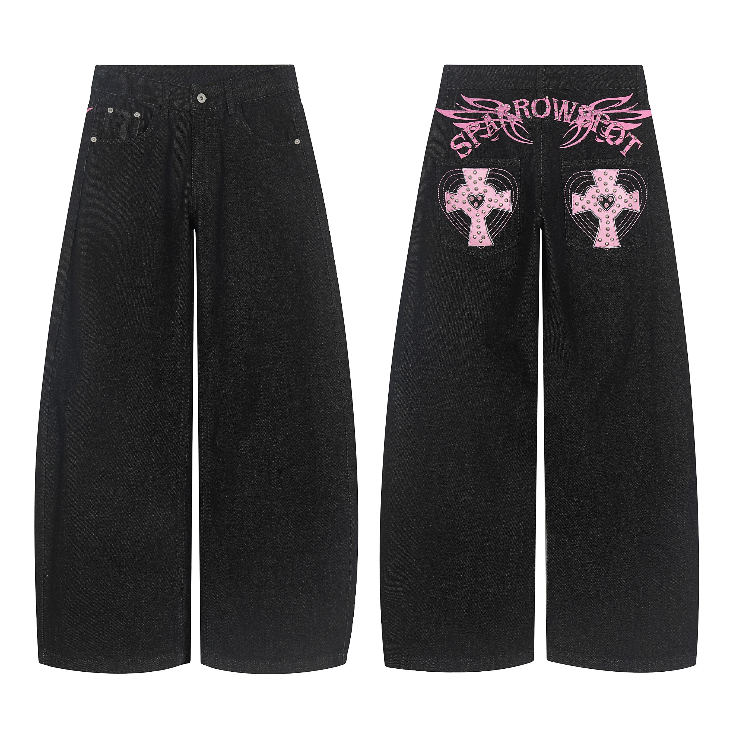 Black wide-leg jeans with pink cross stud graphics on back pockets and tribal print waistband, front and back view