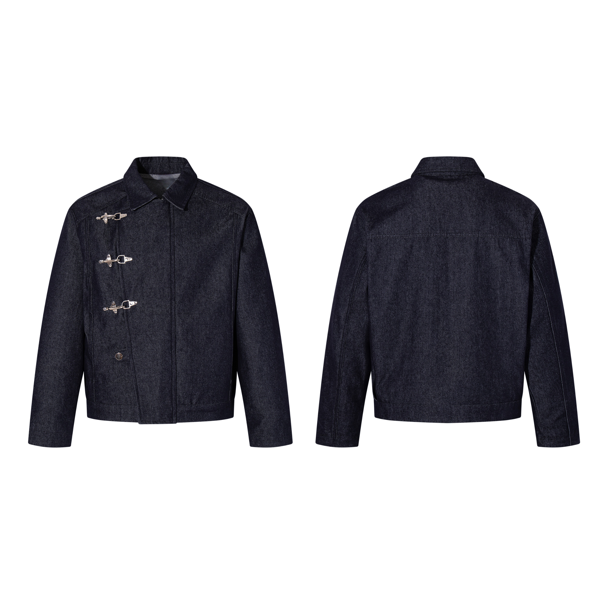 Front and back view of a dark indigo men's denim jacket with three silver metal buckle closures on the front placket