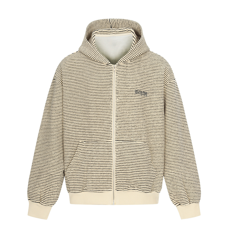 Cream striped zip hoodie with front pockets and small chest logo