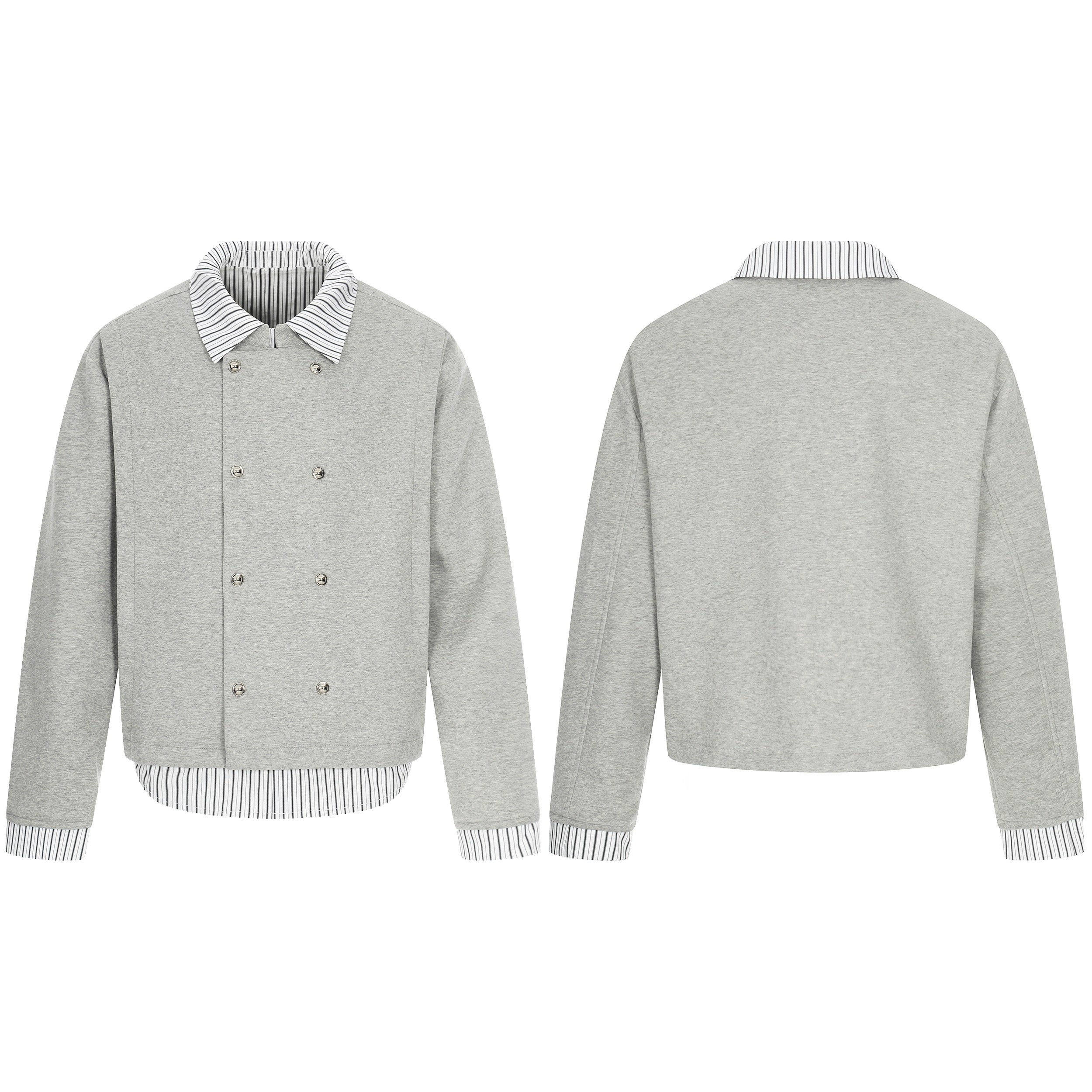Grey double-breasted cotton jacket with black and white striped collar, cuffs, and hem, shown front and back