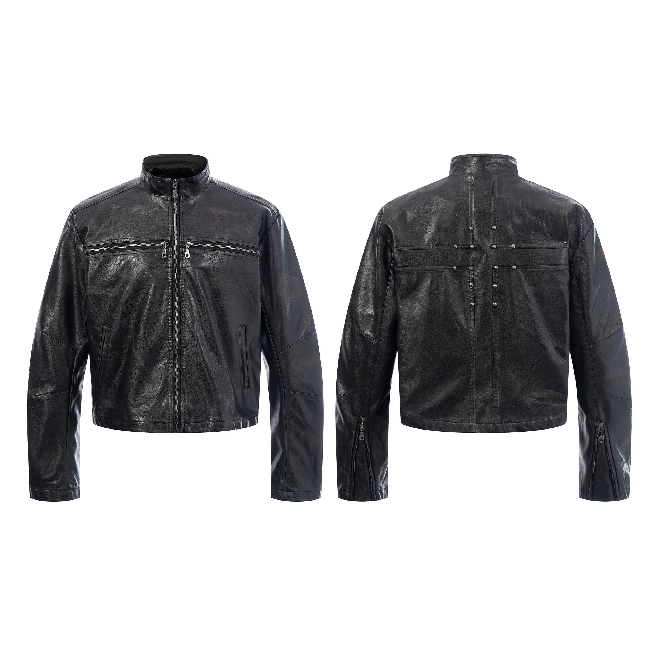 Omirad men's black faux leather biker jacket shown from front and back with silver zip hardware and rivet detailing