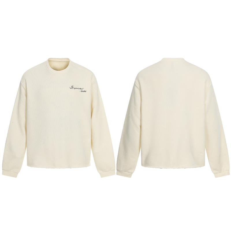 Front and back views of cream textured sweatshirt with small chest graphic