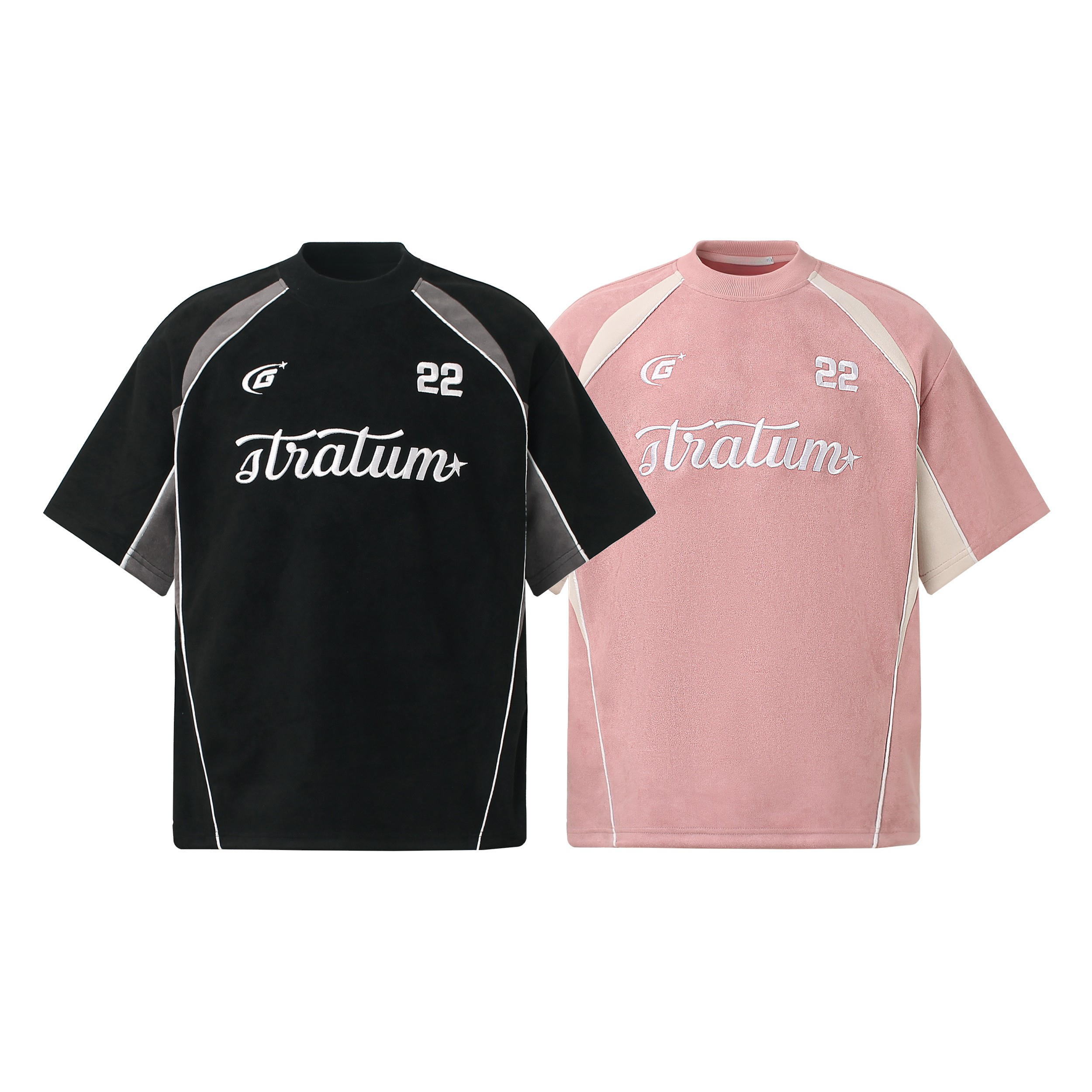 Stratum Sport Suede Tee in black and pink, showing contrast raglan panels, embroidered chest logo, and number 22 detail