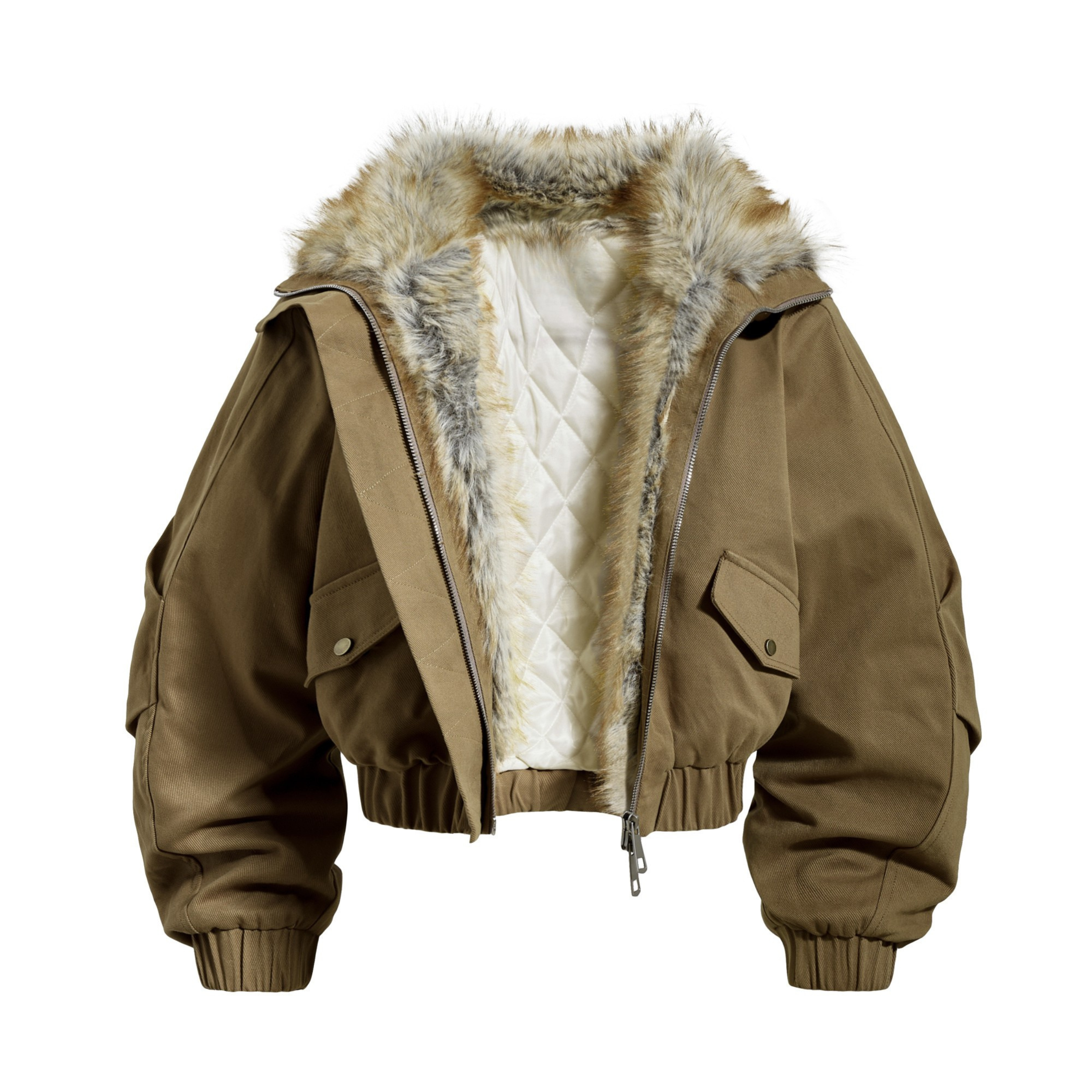 Olive khaki cropped bomber jacket open to reveal quilted white lining and faux fur collar trim