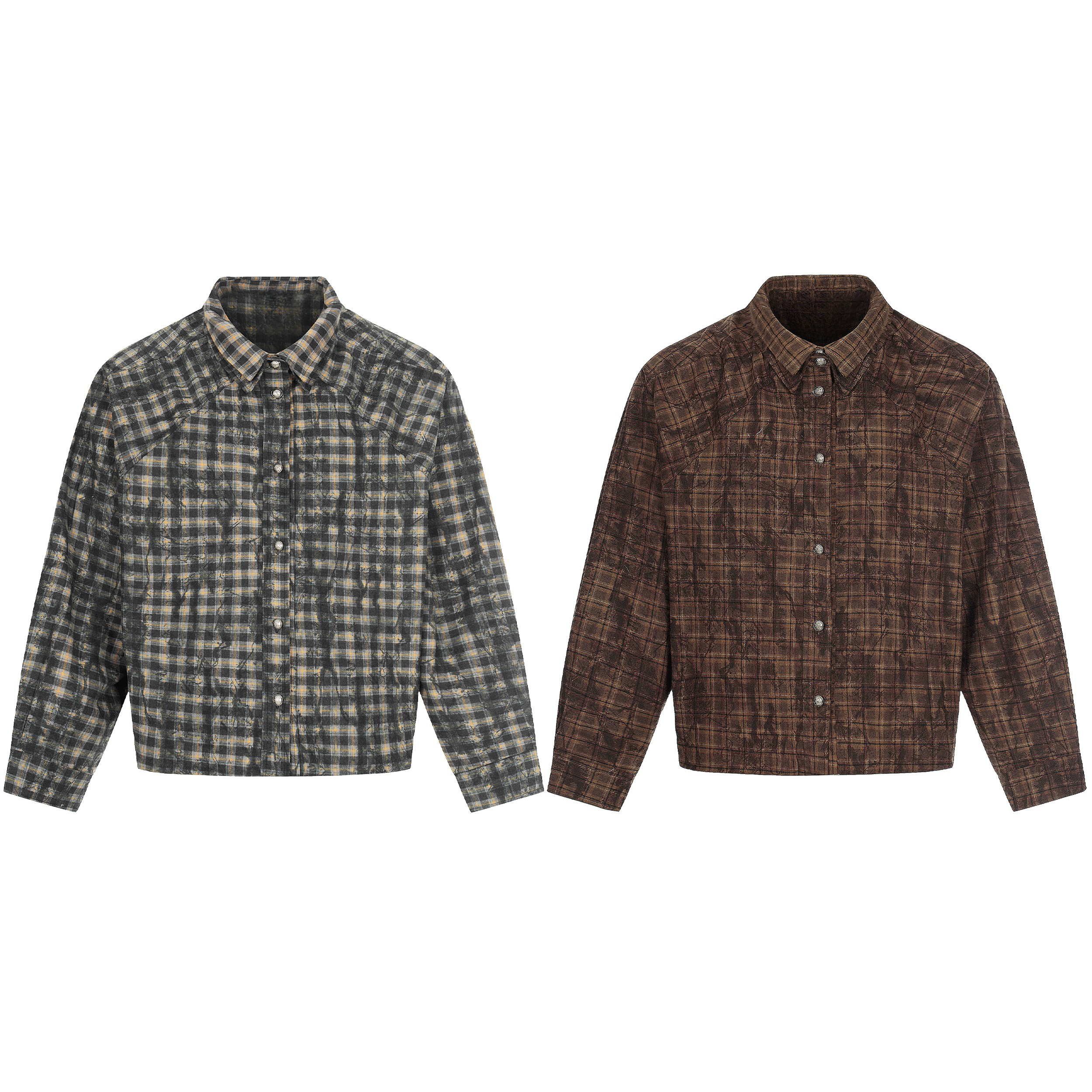 Omirad vintage washed plaid button-up jacket in grey and brown colorways, cropped boxy fit with snap buttons and structured c
