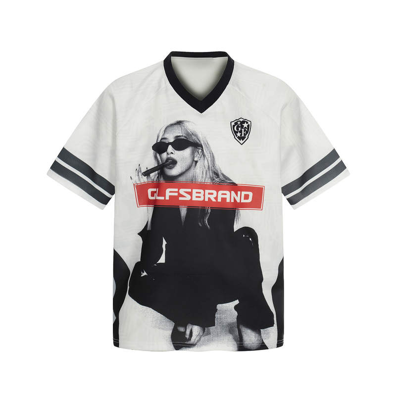 White graphic mesh soccer jersey with black trim, bold GLFSBRAND logo, and monochrome portrait print on the front