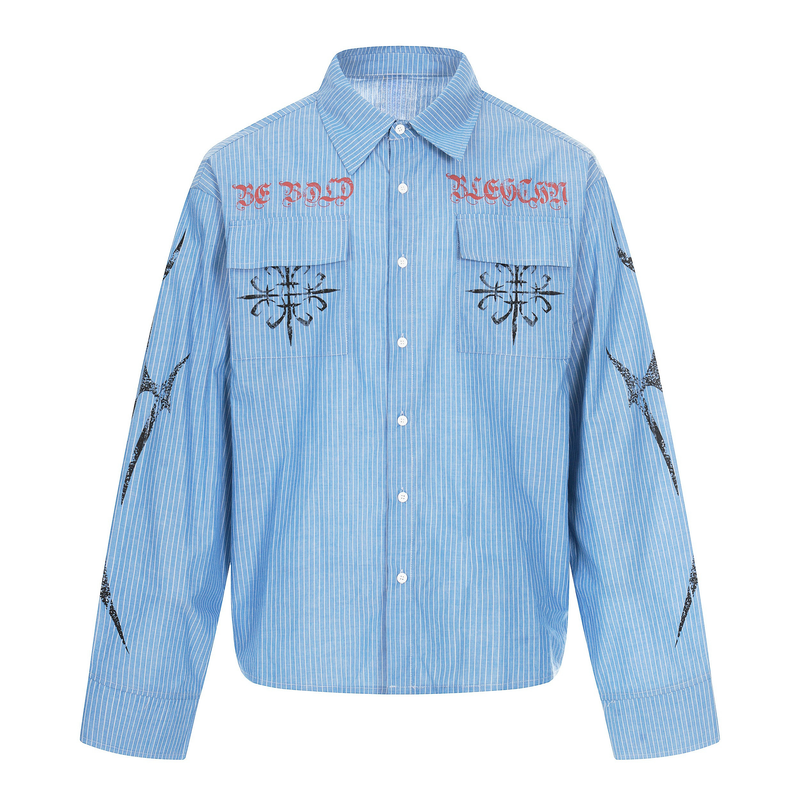 Blue striped button-up shirt with red and black graphic prints, front view