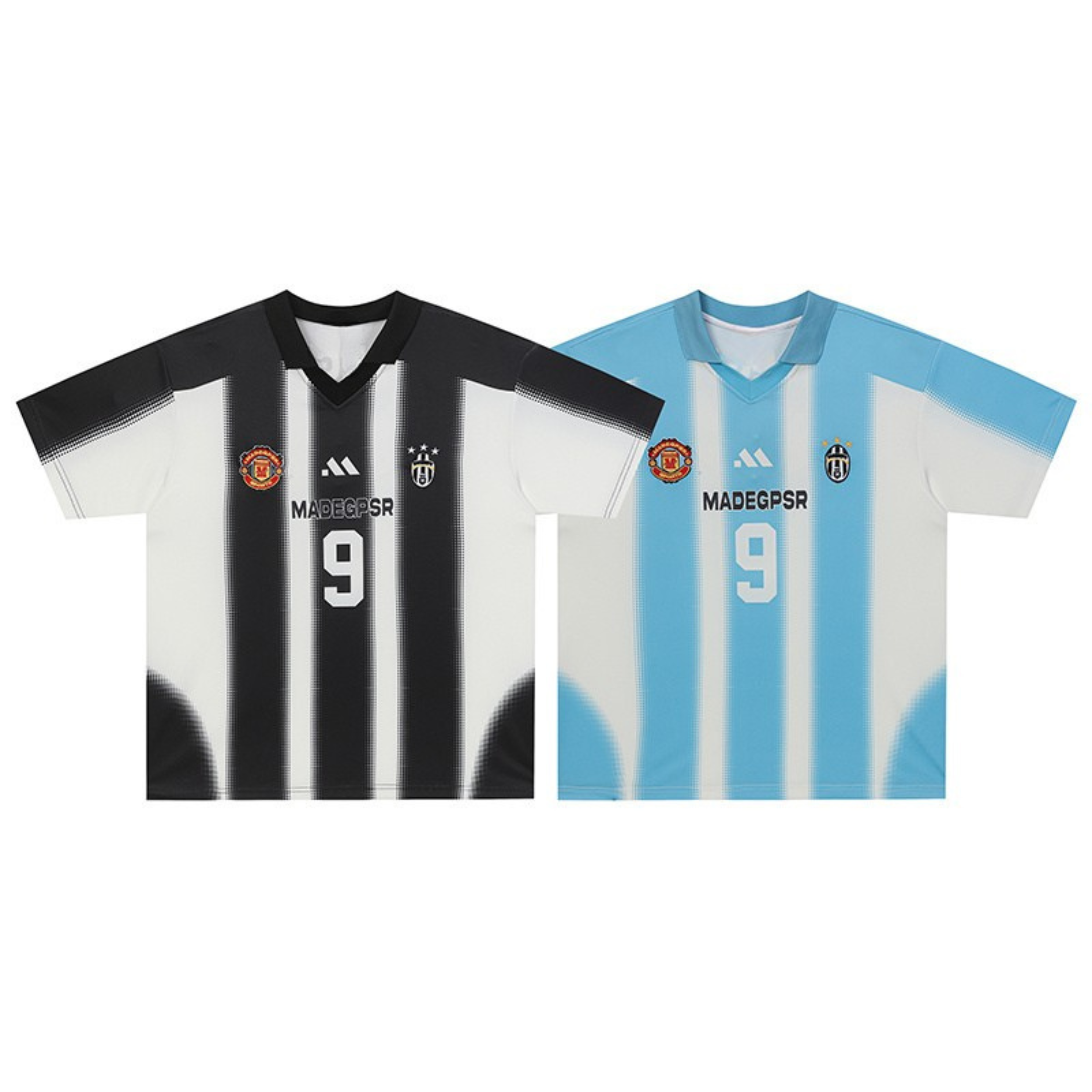 Black and white vertical stripe football jersey with number 9 and crest graphics, relaxed streetwear fit