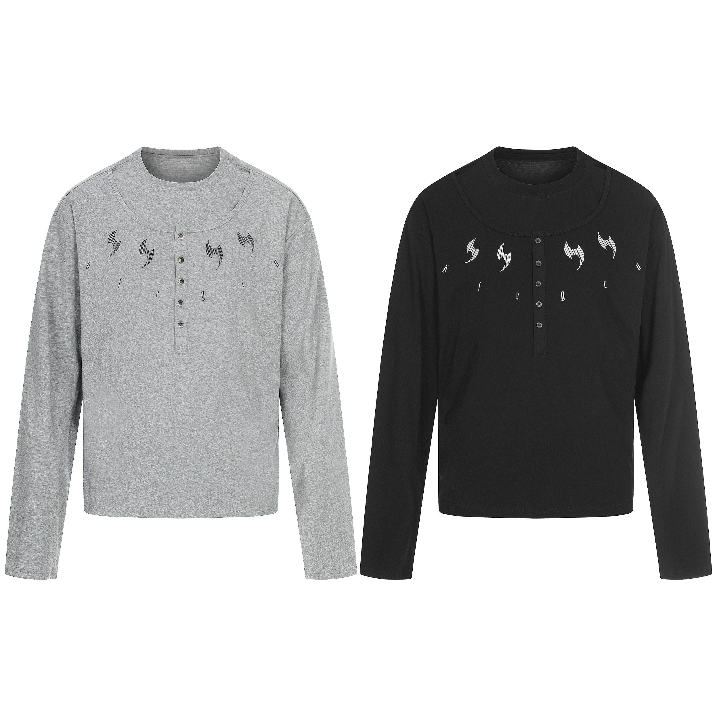 Heather grey and black Omirad graphic henley long sleeve tees with stylized chest print and button placket