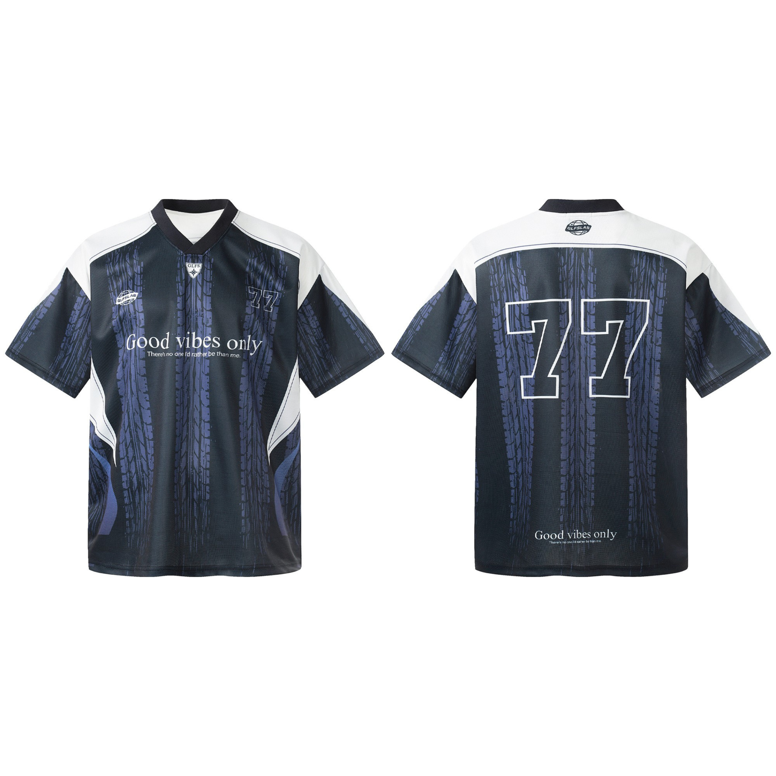 Front and back view of the Omirad 77 Good Vibes dark navy mesh jersey with tire tread graphic pattern and white contrast pane