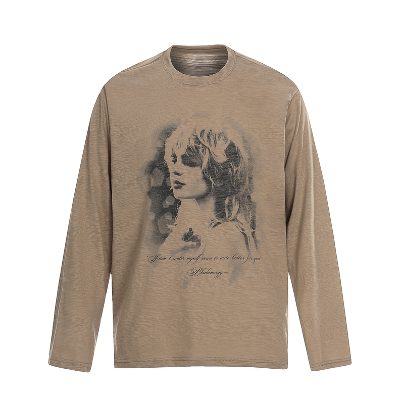 Brown long sleeve tee with faded vintage portrait graphic on the front