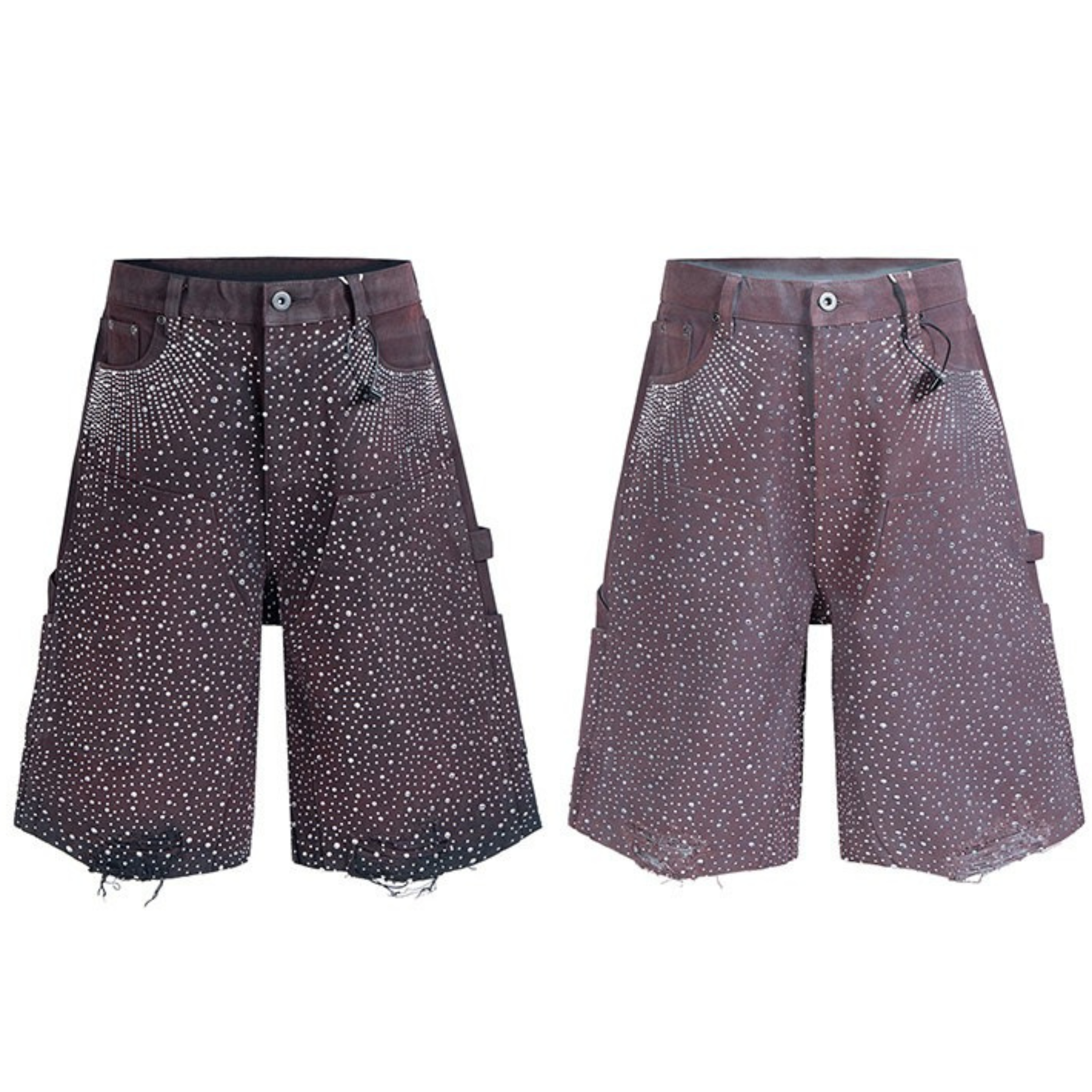 Omirad burgundy-brown denim shorts with all-over silver rhinestone stud embellishment, relaxed fit, raw frayed hem, front vie