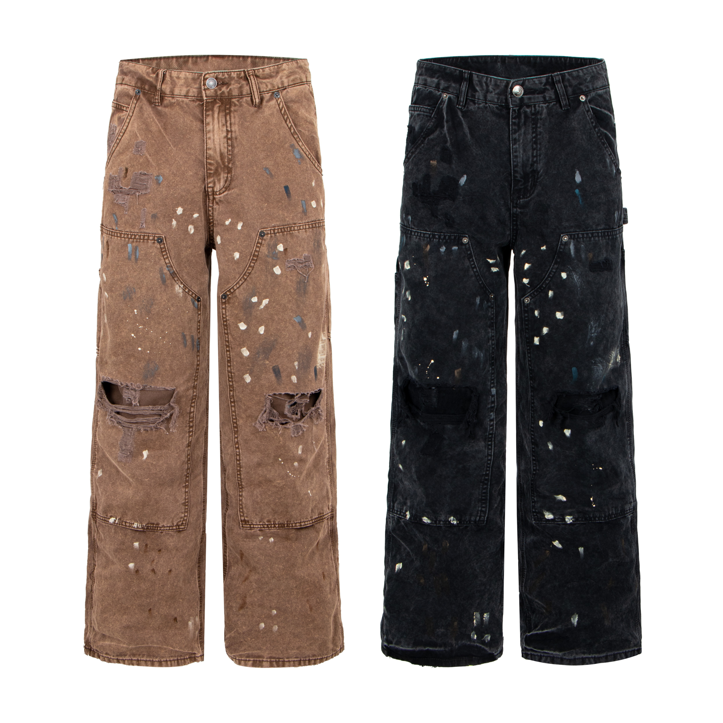 Front view of brown acid-washed distressed carpenter denim pants with paint splatter and torn knee detailing