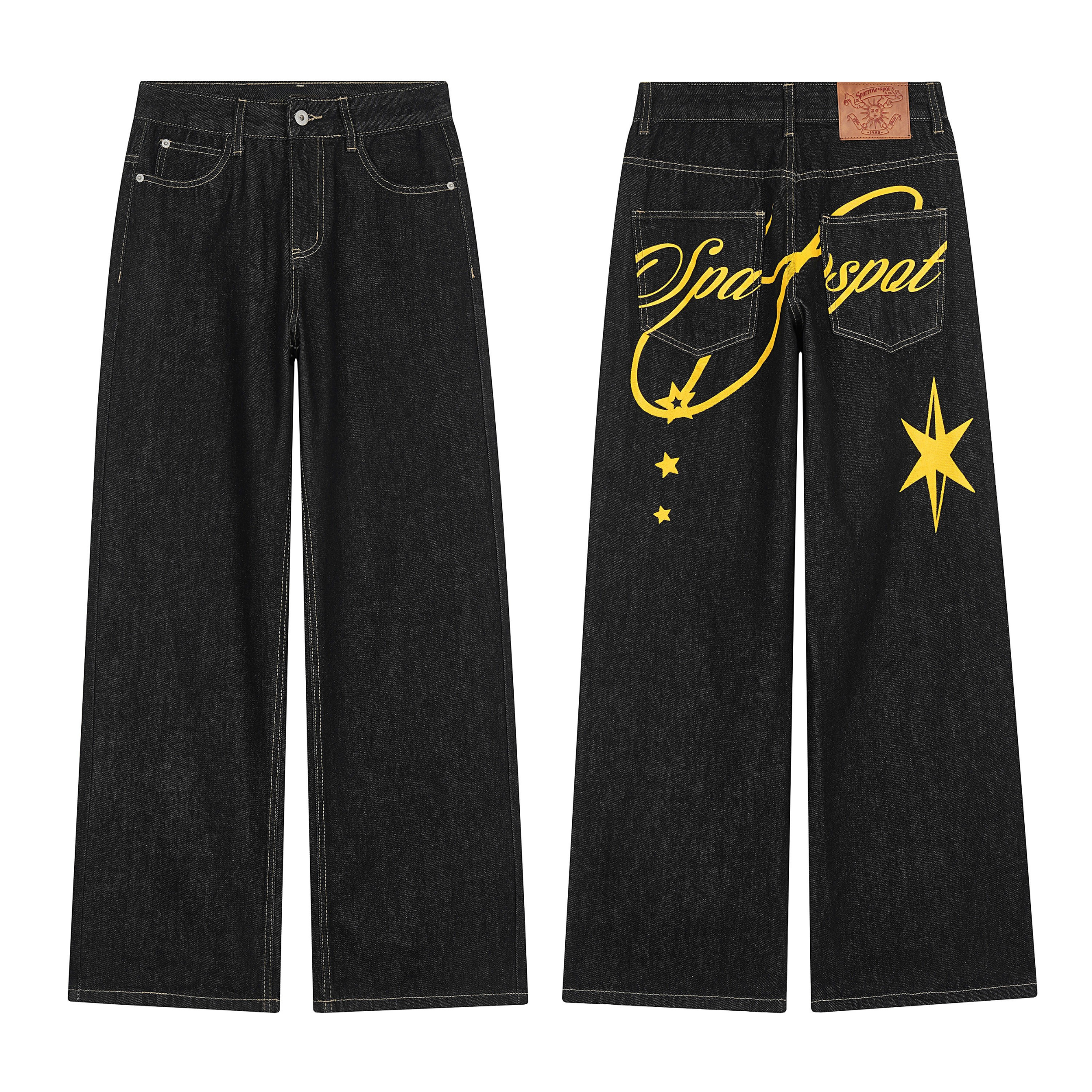 Front and back view of black wide-leg jeans with yellow star and script graphic print on rear panel