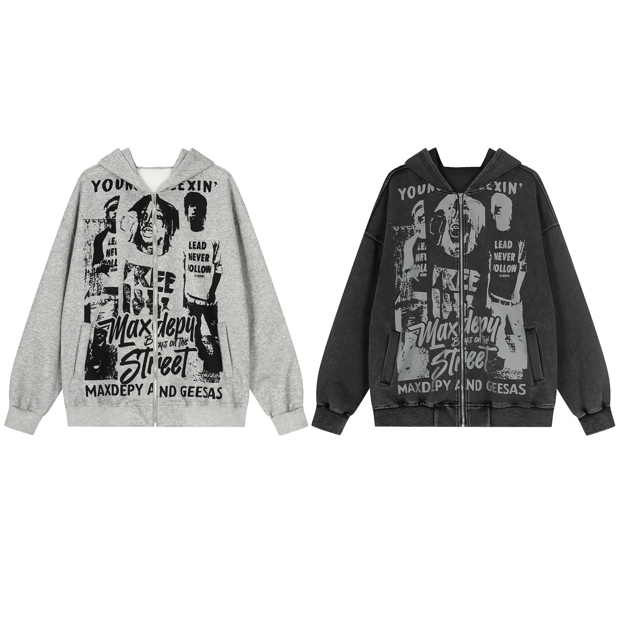 Heather grey and washed black oversized zip-up hoodies with bold collage street graphic print on the front