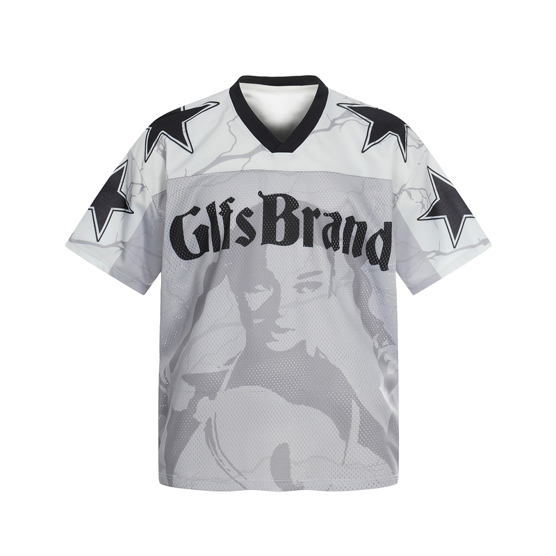 White and black mesh football jersey with star sleeves, portrait graphic, and GlfsBrand logo on front