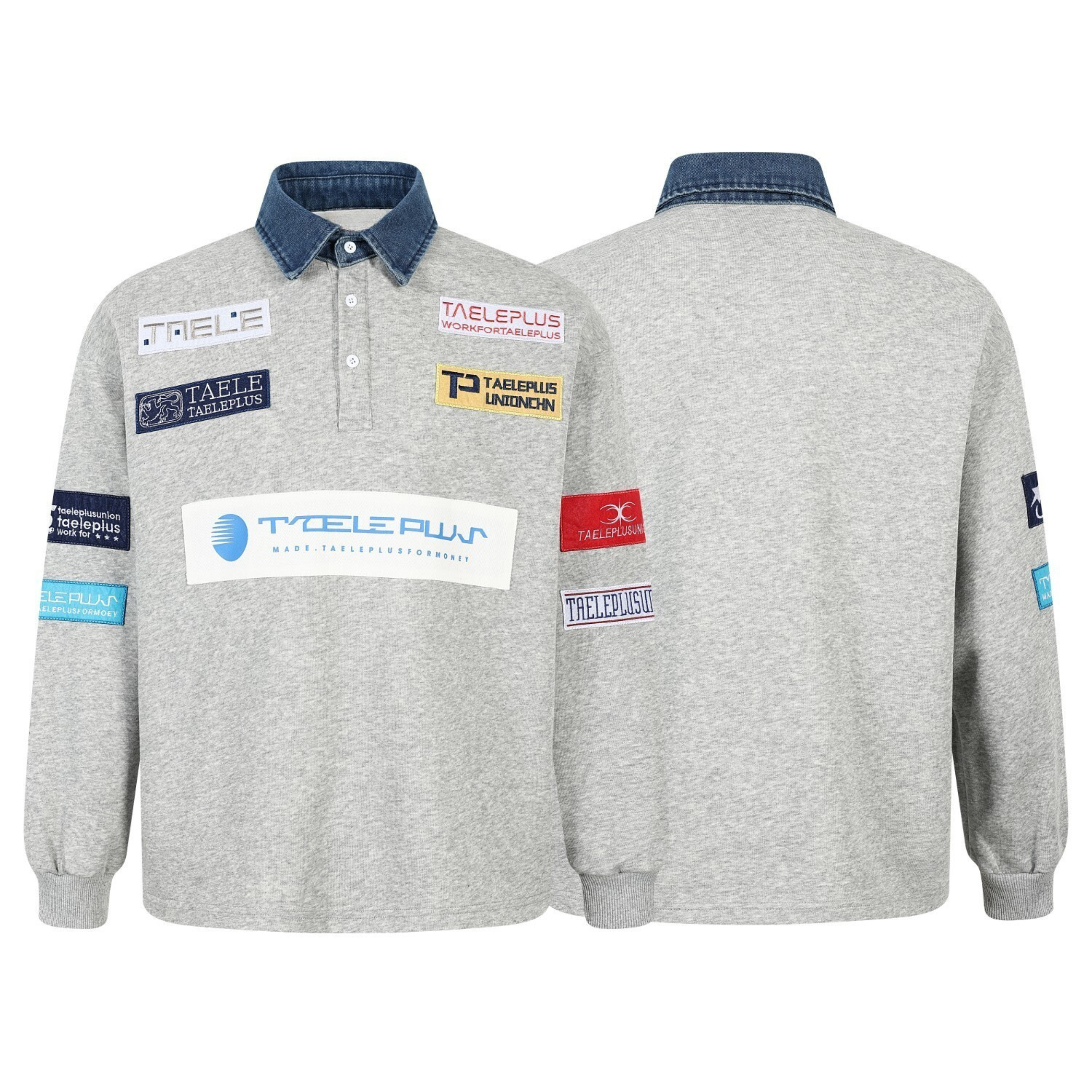 Patchwork Polo Sweatshirt with Contrast Denim Collar