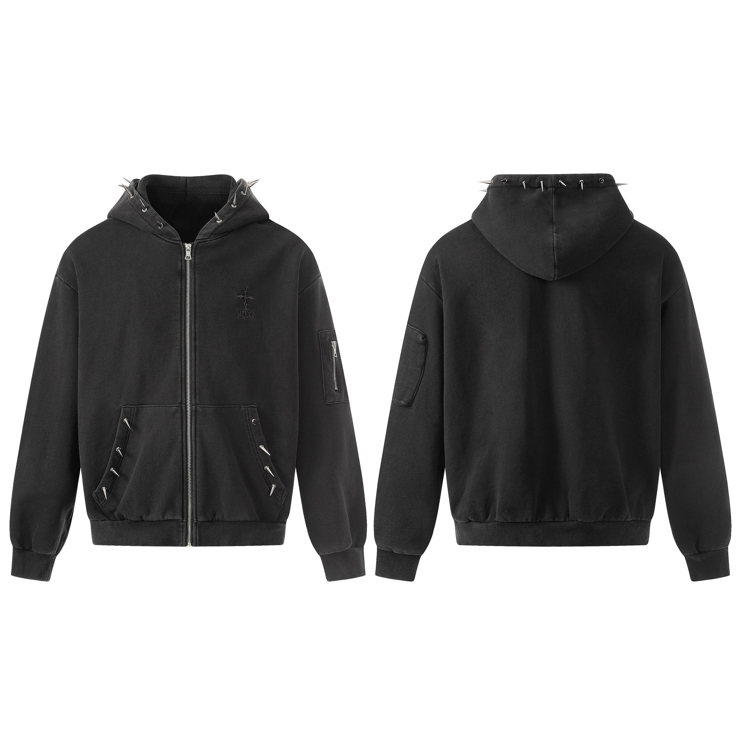 Black zip-up hoodie with metal spike studs on hood and pockets, front and back view on white background