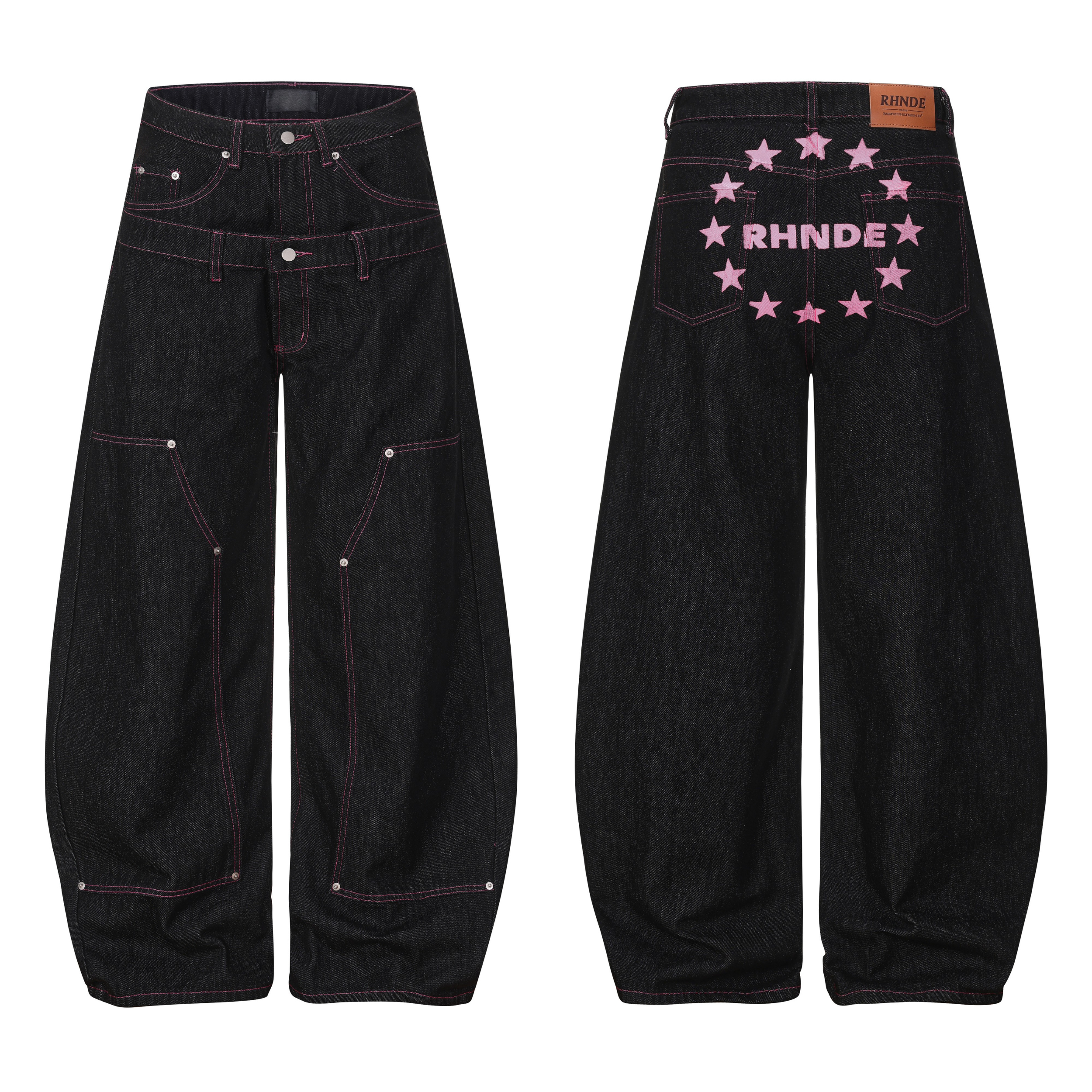 RHNDE Omirad black wide-leg denim jeans with double waist, pink contrast stitching and star embroidery on back pocket