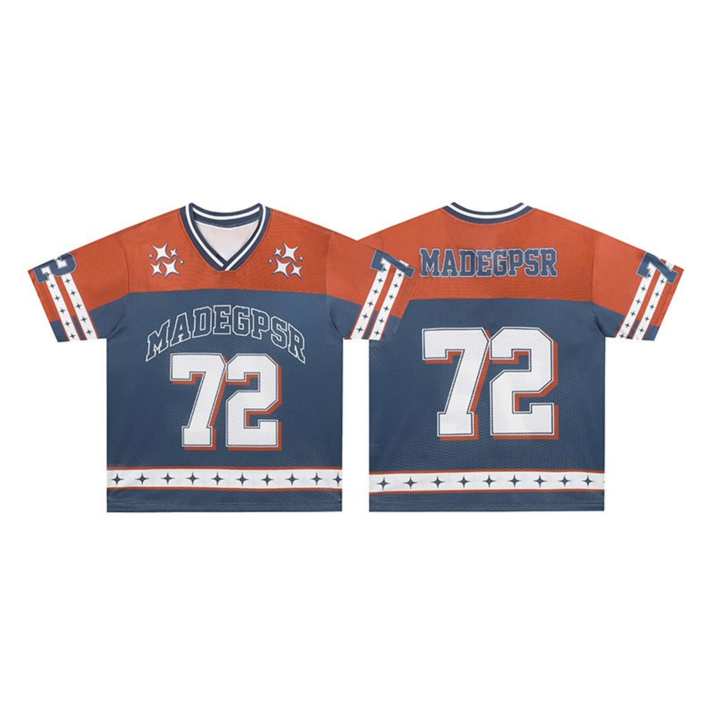 Front and back view of MADEGPSR Varsity 72 football jersey in orange and slate blue with star stripe sleeves