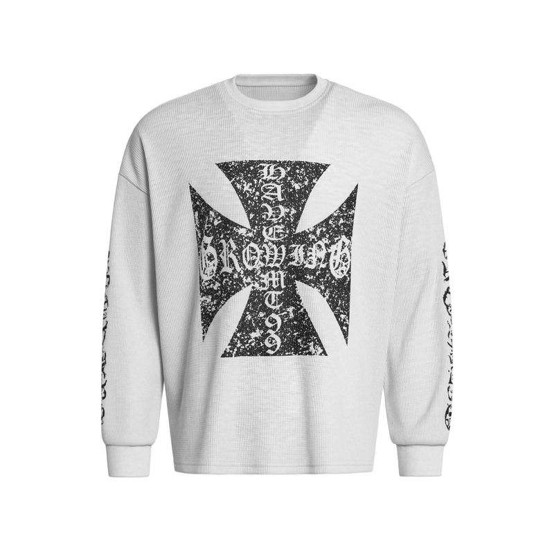White waffle-knit sweatshirt with distressed black gothic cross graphic, front view
