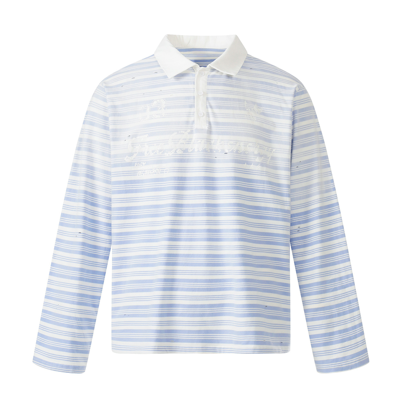 Men's light blue and white striped long sleeve polo shirt with white collar, front view